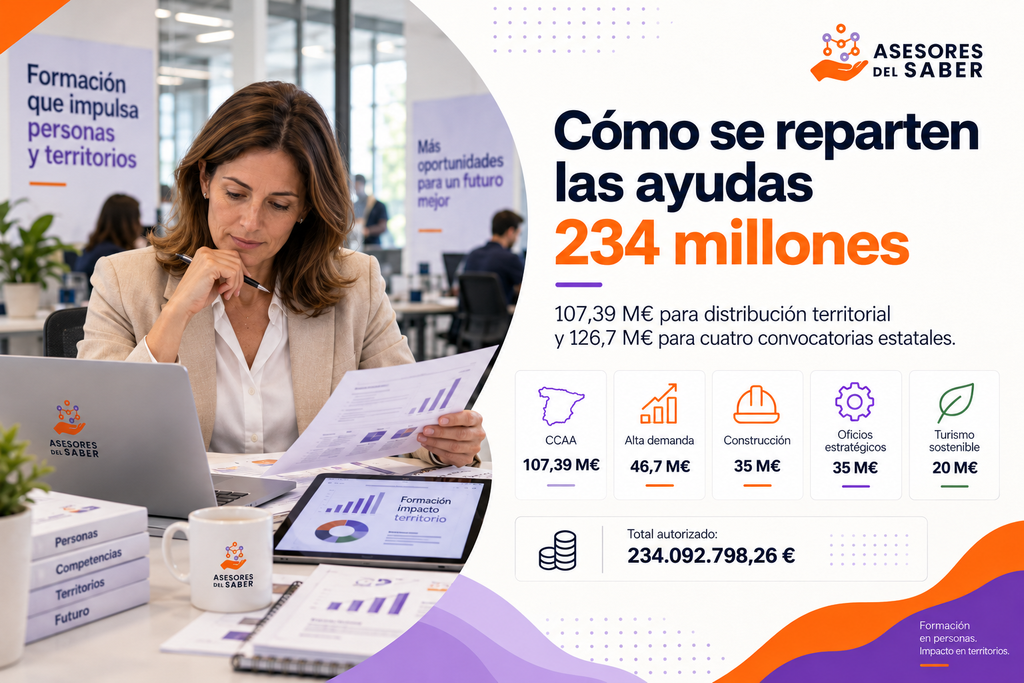 Infografía que resume cómo se distribuyen los más de 234 millones de euros autorizados para Formación Profesional, diferenciando la financiación destinada a comunidades autónomas y las cuatro convocatorias estatales vinculadas a sectores estratégicos