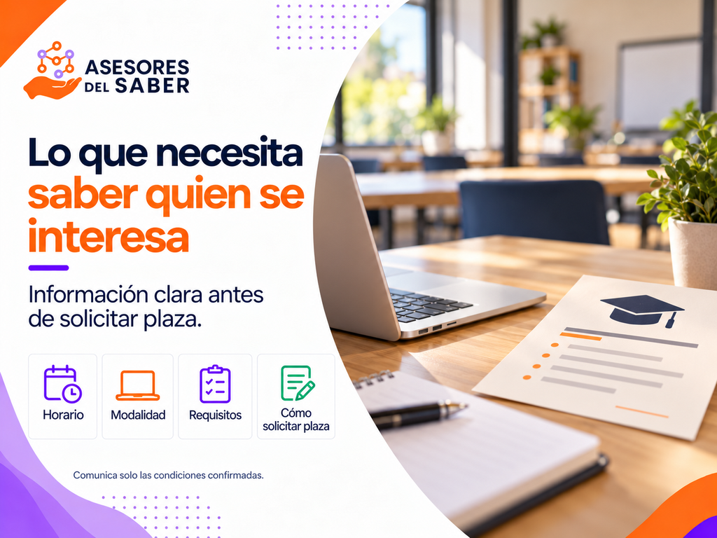 Ficha ficticia de curso con horario, modalidad, requisitos y pasos de solicitud
